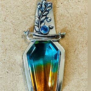 925 Plated/Stamped - Beautiful Teal & Orange Tourmaline Pendant Necklace